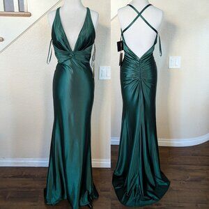 Emerald Green Deep V-Neck Satin Formal Evening Dress 14
